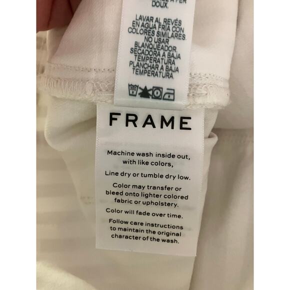 FRAME Women’s Tan+White Striped Le Bardot Crop Flare Raw Edge Denim Pant-size 33 - Picture 12 of 15